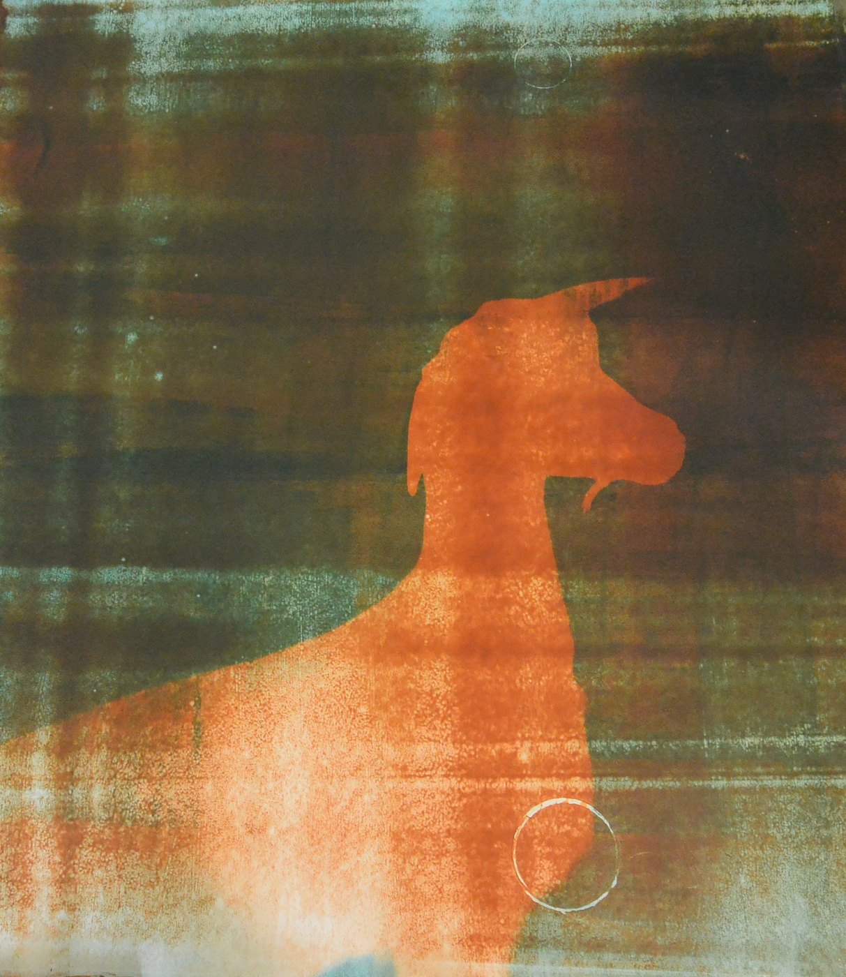 Opgezet (Uvot 2), circa 1996 - the orange silhouette of a horned animal on a streaked dark green and brown ground.