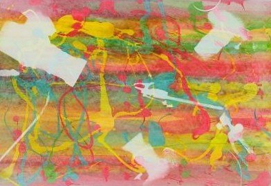 Voorstudie Table Top 4, 1991 - pale bleached shapes over bands of red, yellow and green.