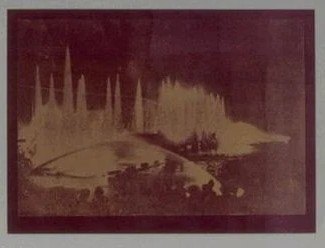 Voorstudie UVOT-2 Versailles, 1991 - a golden fountain and garden silhouette on a deep maroon ground.
