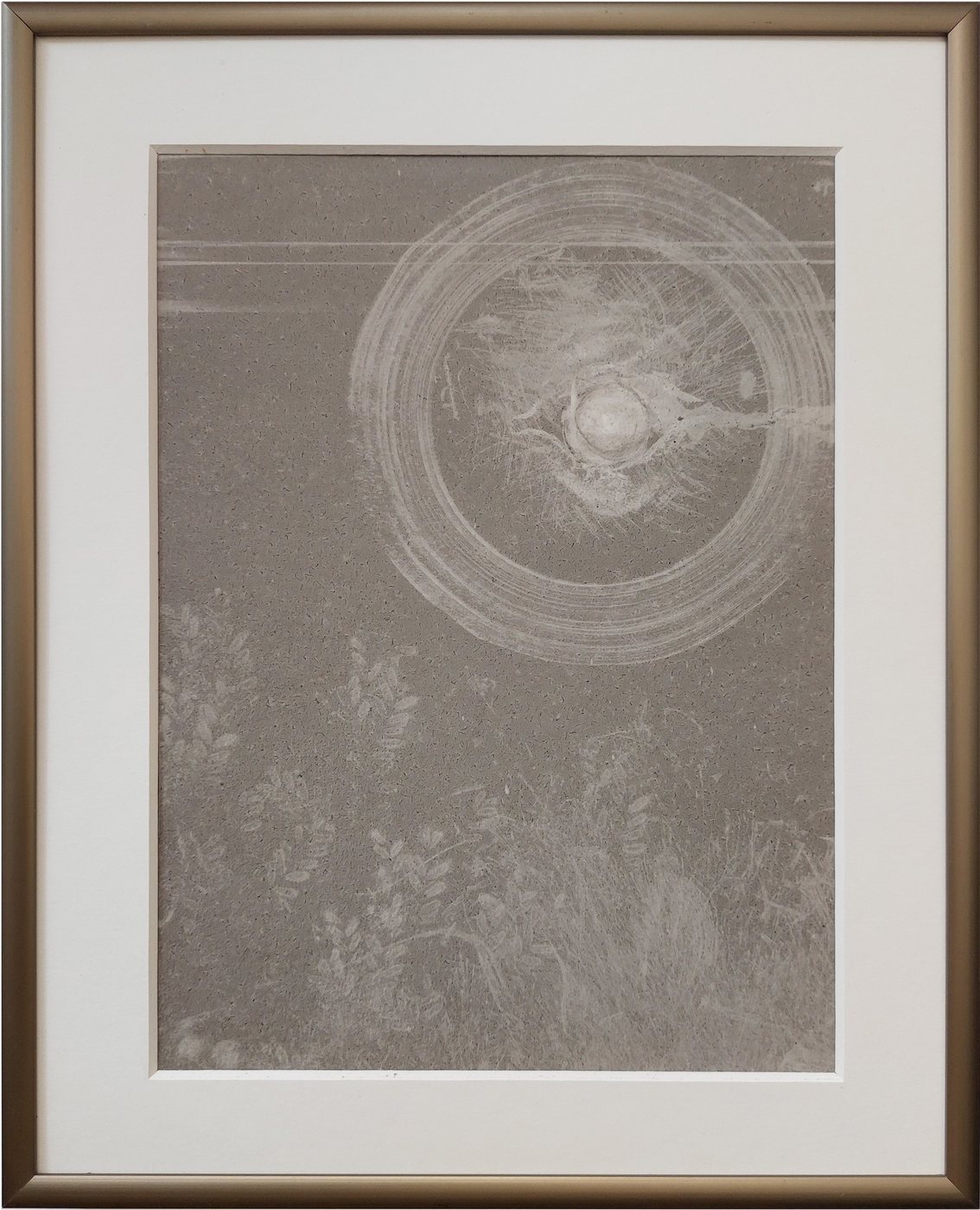 Z.T., circa 1994 - a faint circular spiral trace with a small bright core, set in a wide mount and frame.