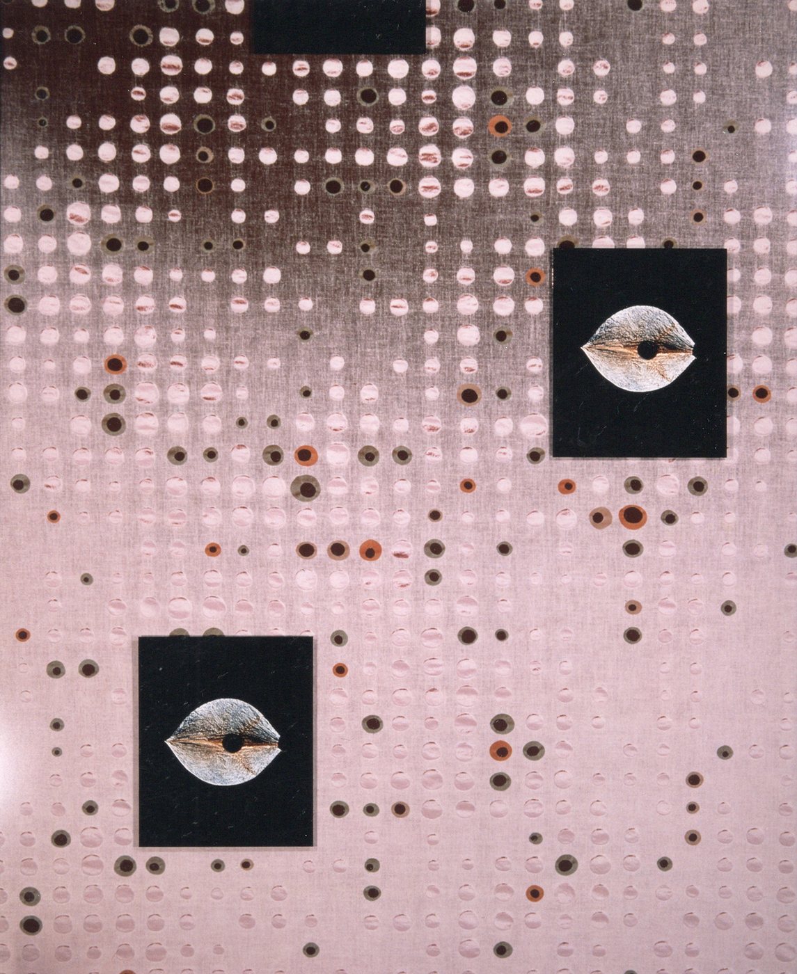 De Kameleon, 1991 - a pink perforated field scattered with holes, interrupted by two small black panels each holding a single eye.