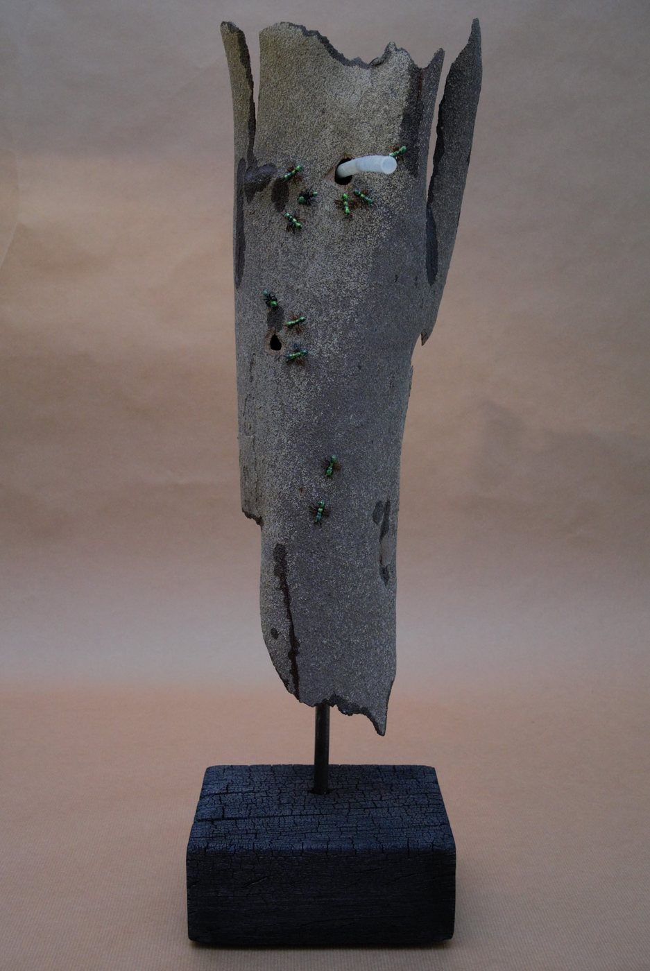 Maria Pelosa Search, 2022 - a tall weathered grey sheath-like form, pitted and torn at its edges, raised on a dark square base.