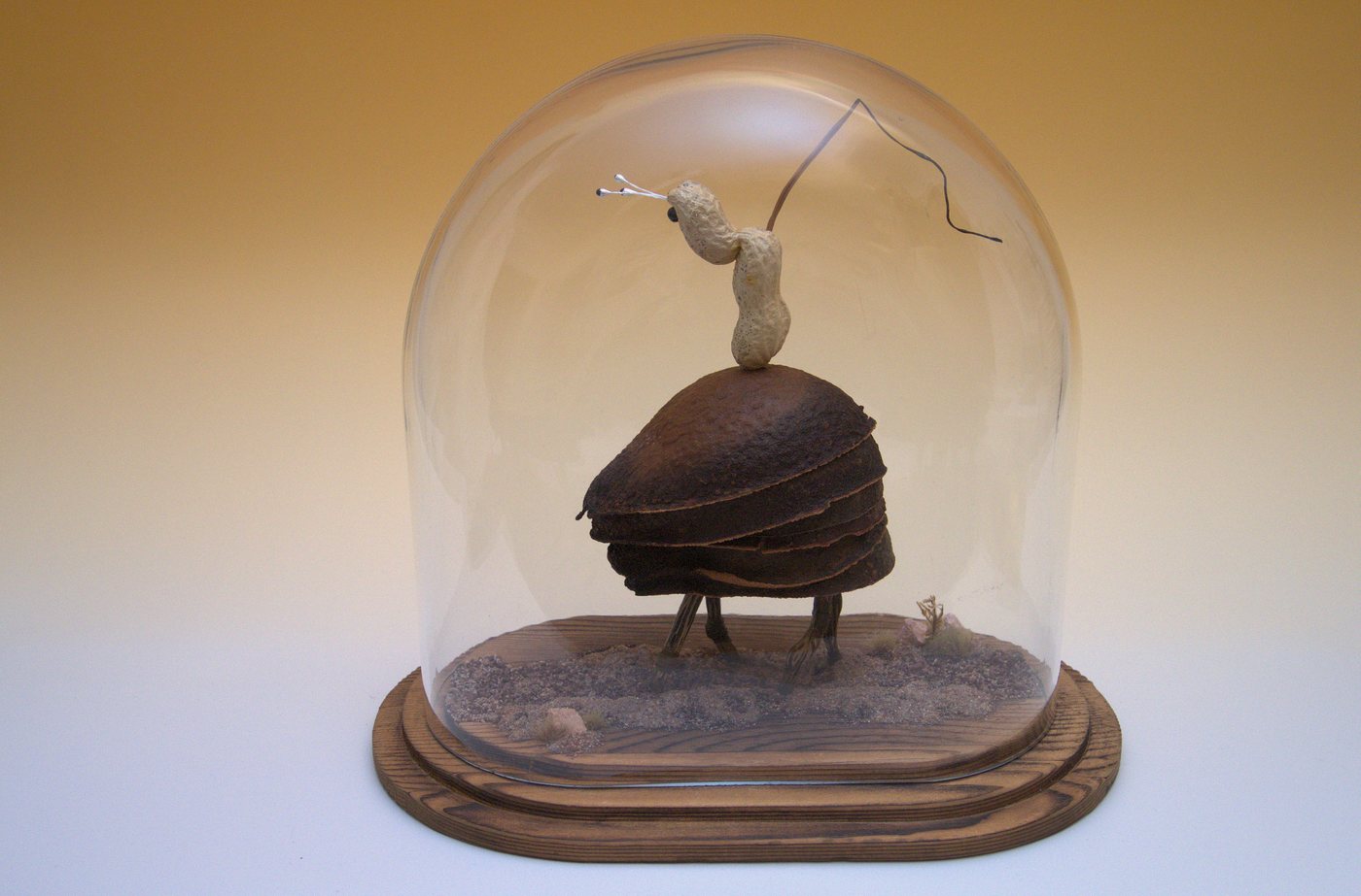 The Pilgrim, 2025 - under a glass dome, a dark rounded beetle-like body carrying a small standing figure on its back.